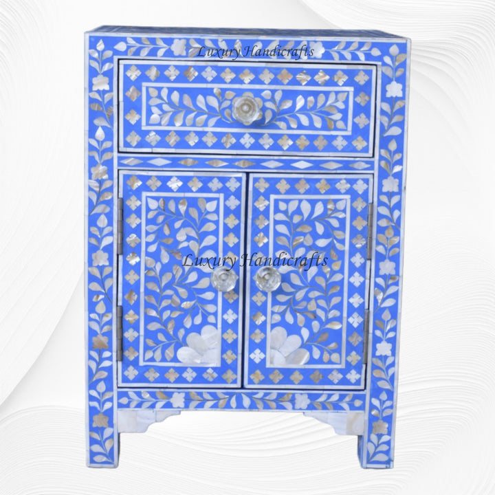MOP Floral 1 Drawer 2 Door Bedside Table Blue