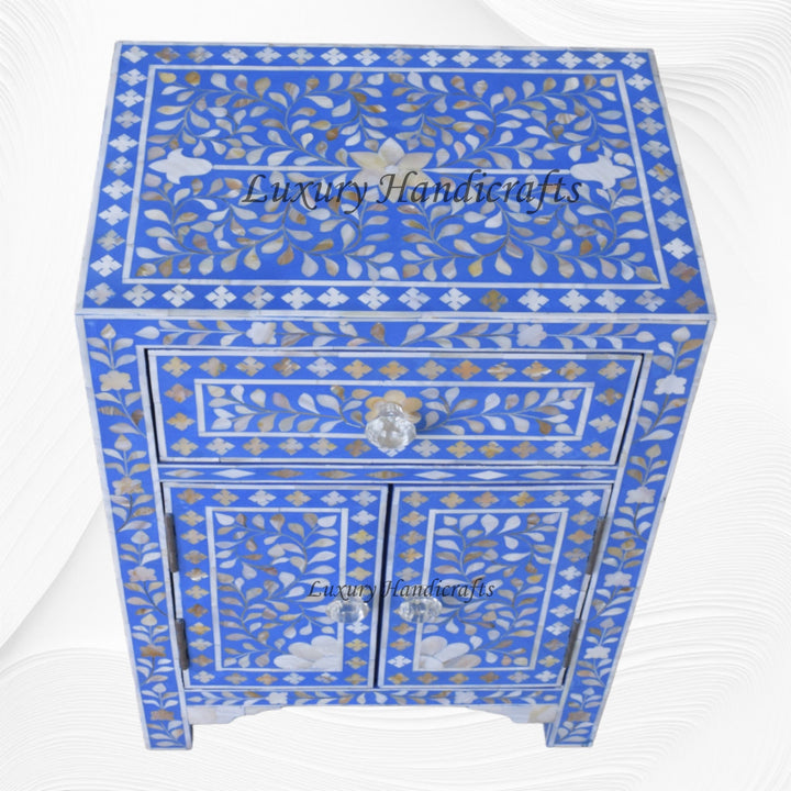 MOP Floral 1 Drawer 2 Door Bedside Table Blue
