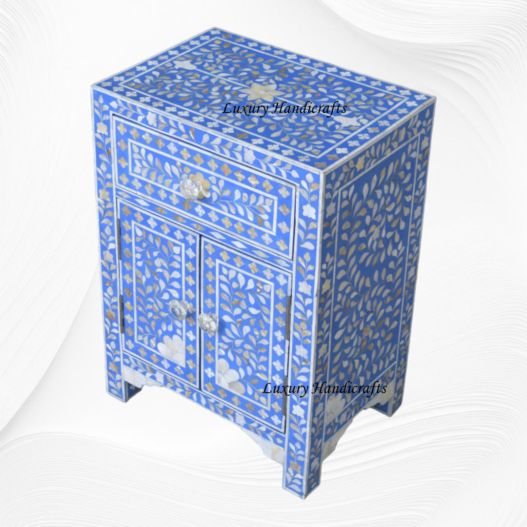 MOP Floral 1 Drawer 2 Door Bedside Table Blue