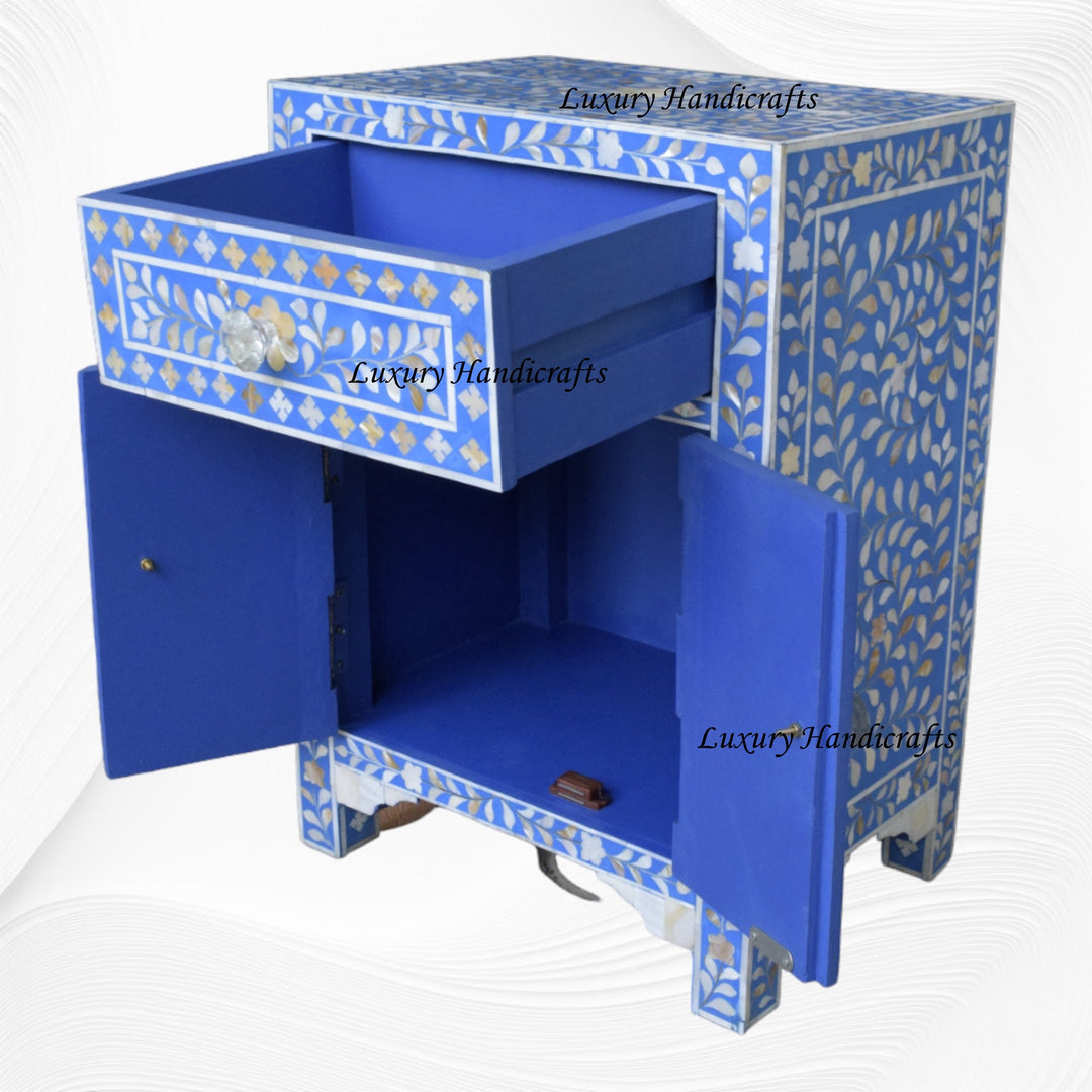 MOP Floral 1 Drawer 2 Door Bedside Table Blue
