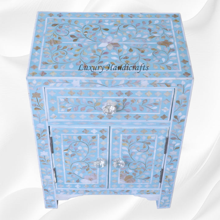 MOP Floral 1 Drawer 2 Door Bedside Table Turquoise