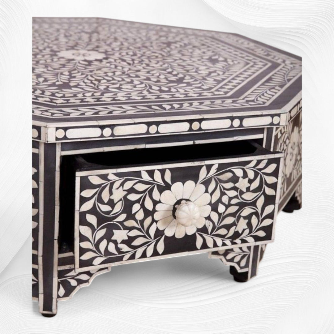Octagonal Bone Inlay Floral Coffee Table Black With Drawer
