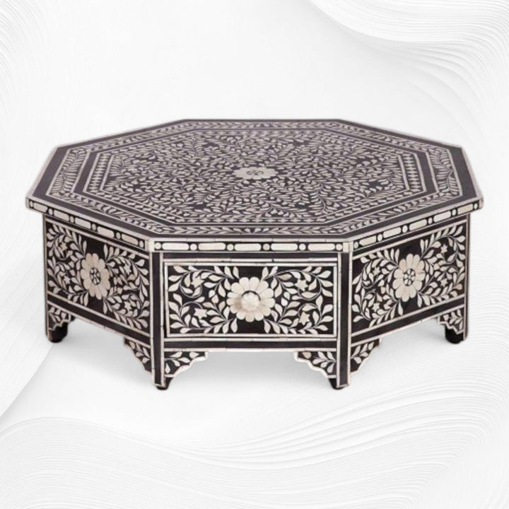 Octagonal Bone Inlay Floral Coffee Table Black With Drawer