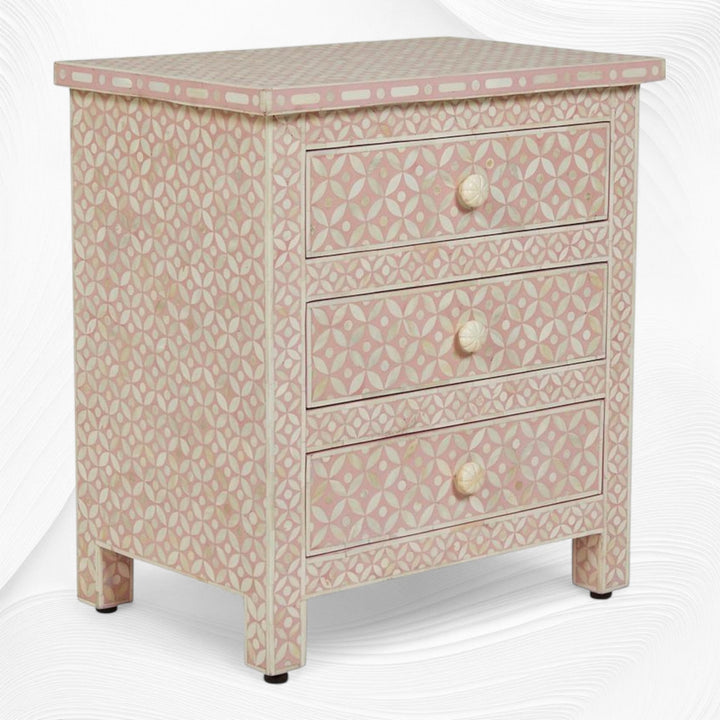 Pink Bone Inlay 3 Drawer Bedside Geometric