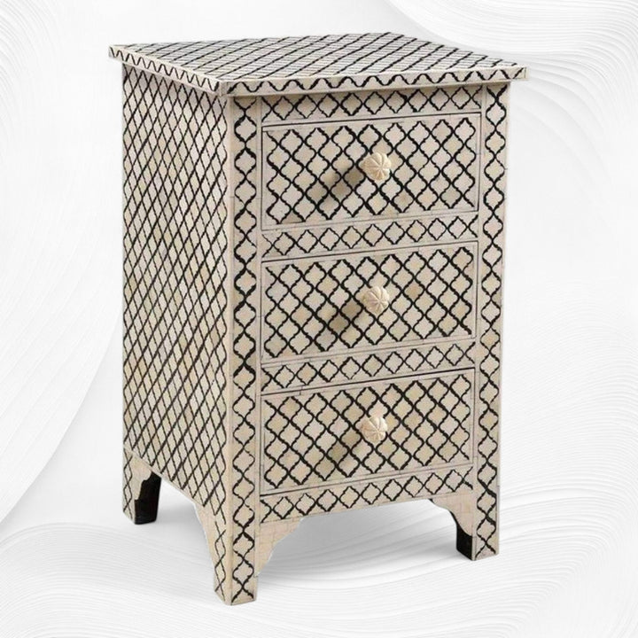 Quatrefoil Bone Inlay 3 Drawer Nightstand Black