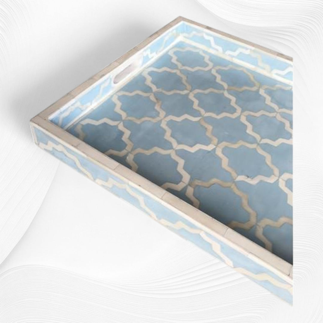 Quatrefoil Bone Inlay Tray Ice Blue