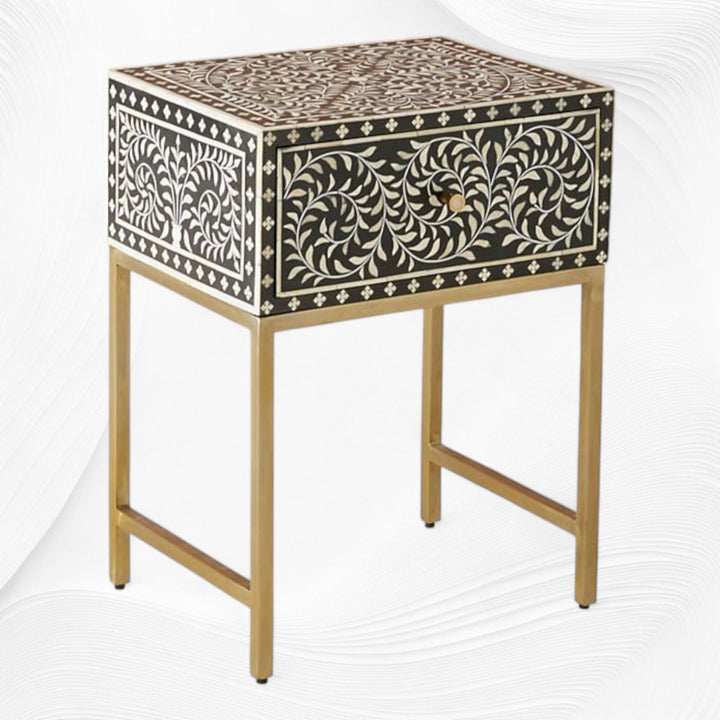 Scroll Vine Bone Inlay Nightstand Black