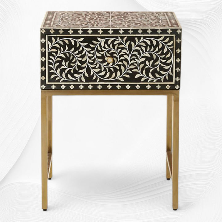 Scroll Vine Bone Inlay Nightstand Black