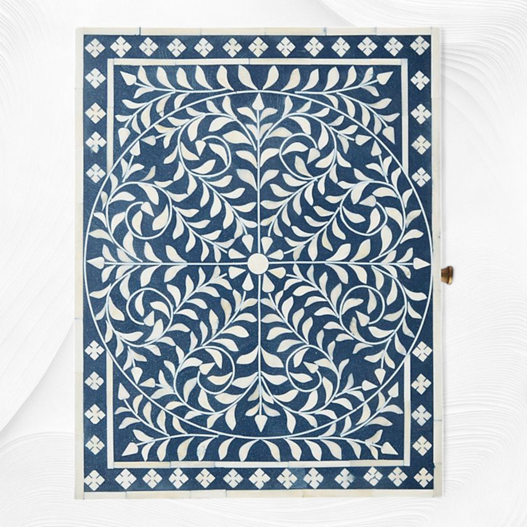 Scroll Vine Bone Inlay Nightstand Blue