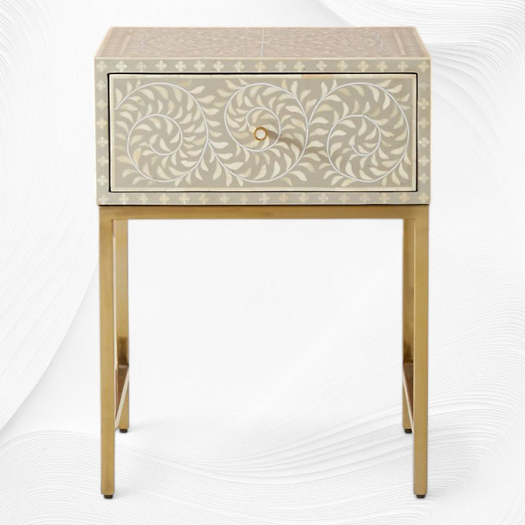 Scroll Vine Bone Inlay Nightstand Grey
