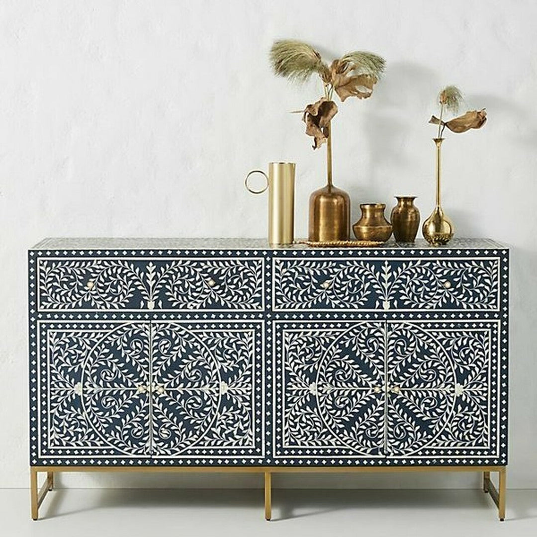 Bone Inlay Scroll Vine Buffet Indigo Blue