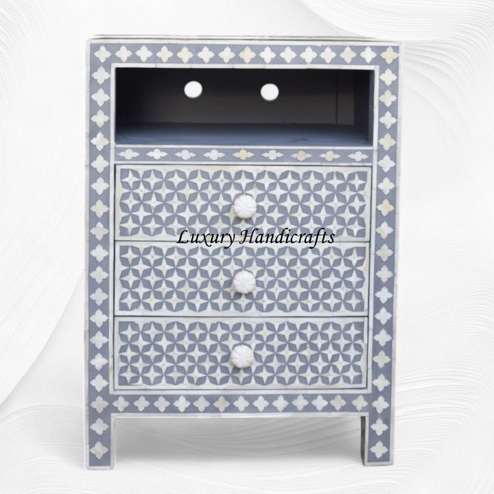 Star Bone Inlay Bedside 3 Drawer Grey