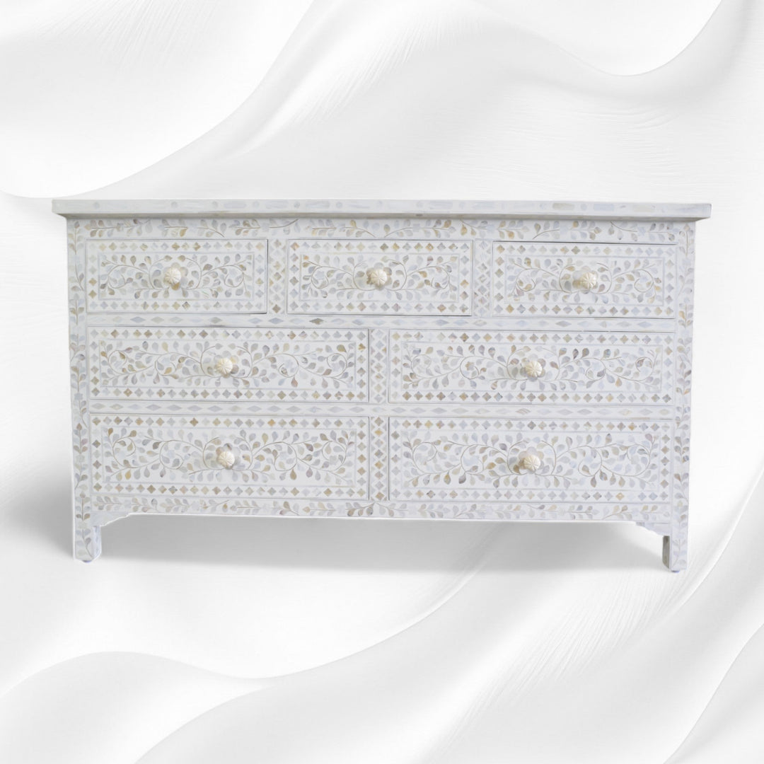 White Mother Of Pearl Inlay Chest Of 7 Drawers Large