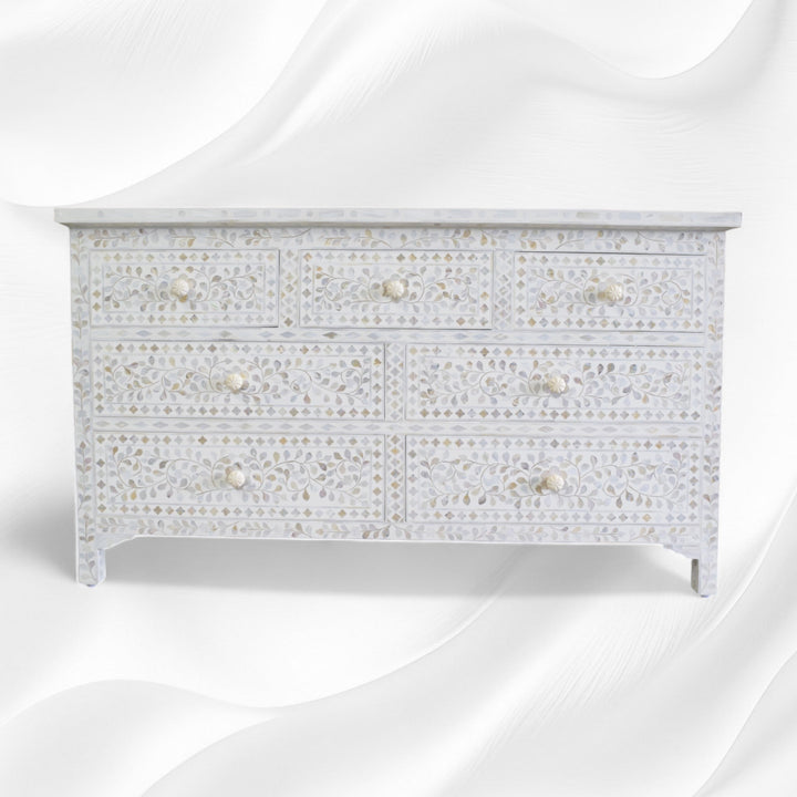 White Mother Of Pearl Inlay Chest Of 7 Drawers Large