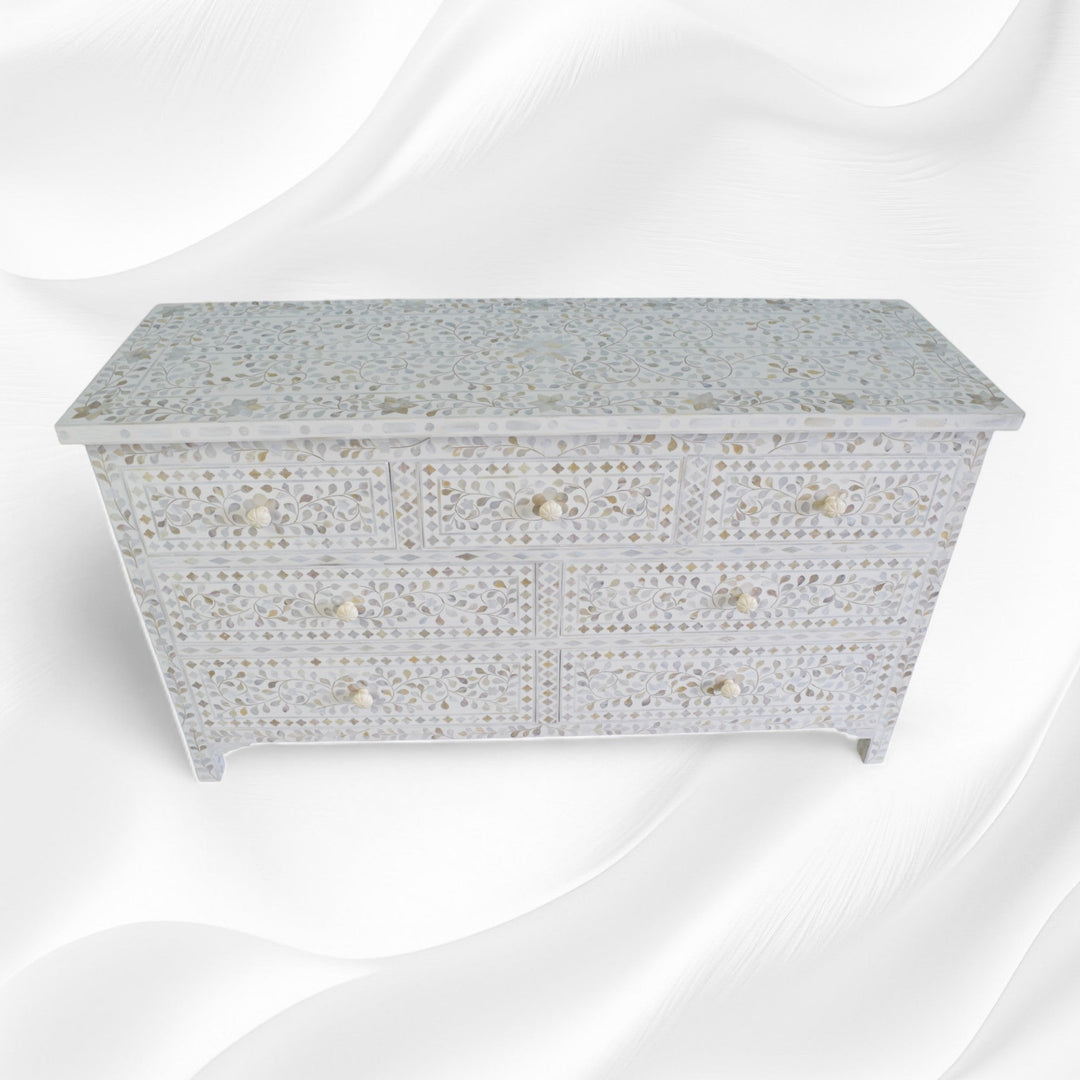 White Mother Of Pearl Inlay Chest Of 7 Drawers Large