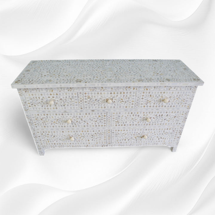 White Mother Of Pearl Inlay Chest Of 7 Drawers Large